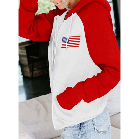 Womens Oversized Zip Up Hoodie Long Sleeve American Flag Casual Jacket - Picture 2 of 3